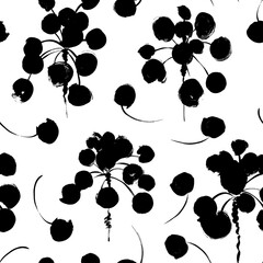 Pilea leaves with stems vector seamless pattern. Black branches with circle leaves. Botanical seamless background with bold leaves. Hand drawn black brush stroke botanical texture. Drawing of pilea