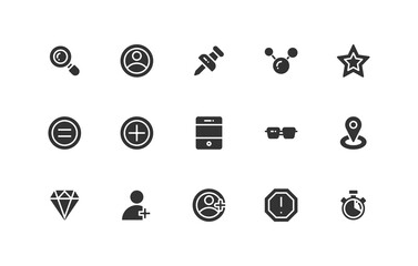 user interface essential icon set in glyph style and solid black color