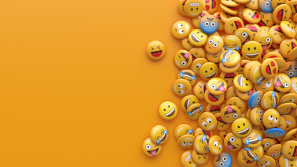 3D rendering of a bunch of emojis with faces representing different emotions with copy space.