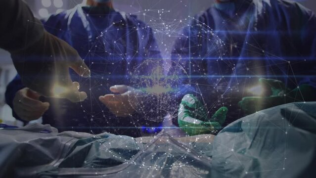 Animation of network of connections over midsection of caucasian surgeons during operation