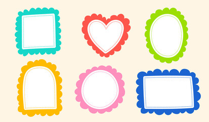 Cute Wavy Dash line Doodle Cloud  Round Heart Square Rectangle Arch Oval Shape Green Blue Red Pink Orange Yellow Sticky note Post it Borders Frames Background Set Collection Bundle Vector Illustration