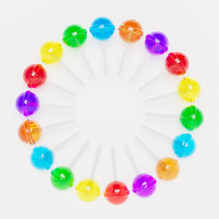 Ring of Multicolored 3D Rendered Lollipops over White Background