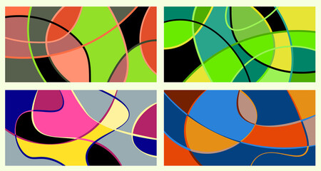 Obraz premium Abstract neurography. A set of 4 templates. Wavy stripes divide the plane into sectors. Neurographic design. Abstract bright pattern for cover, background, wallpaper.