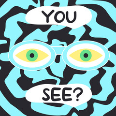 You see text with eyes. Surreal psychedelic vector illustration.