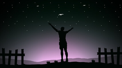 Person standing in front of sun with arms out, silhouette of a person in the night, feeling free, feeling free