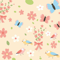 Cute spring collection with butterfly, flowers, bird