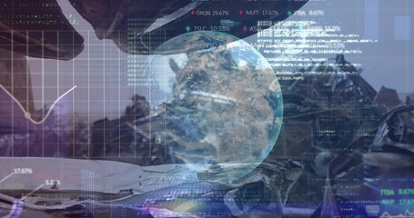 Animation of financial data processing over junkyard - Powered by Adobe