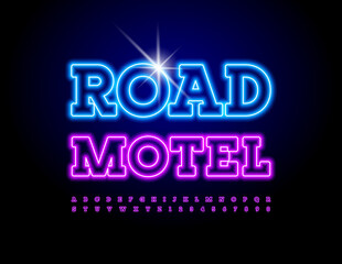 Vector colorful banner Road Motel. Illuminated set of Alphabet Letters and Numbers. Bright Neon Font. 