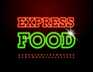 Vector bright Emblem Express Food. Neon Red Font. Glowing Alphabet Letters and Numbers set