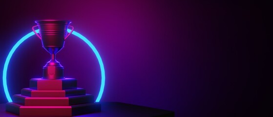 champion cup award tournament, video game of scifi gaming red blue vs e-sports backgound, vr virtual reality simulation and metaverse, scene stand pedestal stage, 3d illustration rendering © issaronow