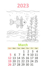 Coloring page with lovely underwater landscape and cute fish. ca