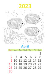 Coloring page with rock underwater landscape and school of fish.