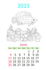 Coloring page with rock underwater landscape and cute fish. cale