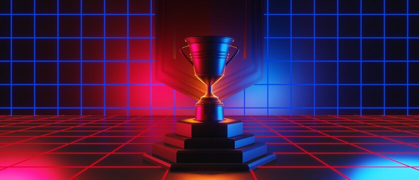 champion cup award tournament, video game of scifi gaming red blue vs e-sports backgound, vr virtual reality simulation and metaverse, scene stand pedestal stage, 3d illustration rendering