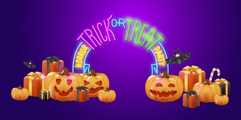 Conceptual design of the Happy halloween vector banner. Happy neon text with scary characters like 3d pumpkin, candy gifts, for a party with tricks and treats. Vector illustration