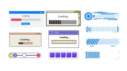Set of Data loading window with progress indicator on white background. Retro download bar, alert window mock up in classic style. Backing up documents in the old interface. HUD progress loading bars - Powered by Adobe