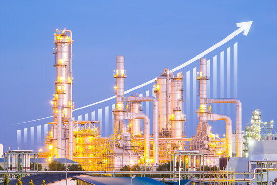 Oil gas refinery plant or petrochemical plant. Include arrow, graph or bar chart. Increase trend or growth of production, market price, demand, supply. Concept of business, industry, fuel, energy.
