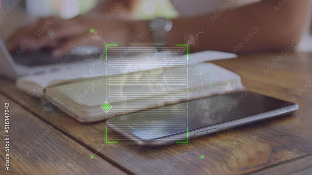 Poster animation of data processing over person using laptop