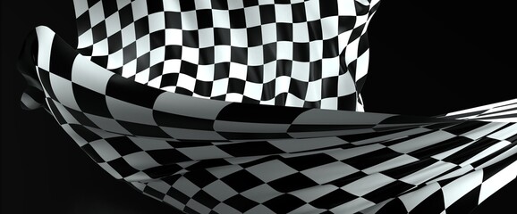 Checkered flag flying on blue background. Car race or motorsport rally flag. 3D wavy pattern...