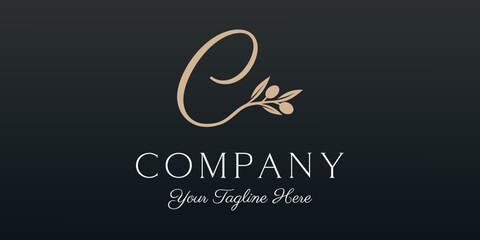 Fototapeta na wymiar letter E or C combined twig Olive oil logo design template.