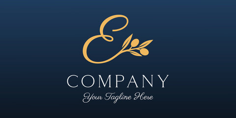 letter E combined twig Olive oil logo design template.