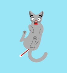 Sick cat and thermometer. Measuring temperature rectally in a pet