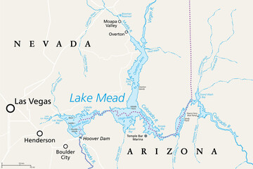 Lake Mead, largest reservoir in the US, political map. Formed by the Hoover Dam on the Colorado River in the Southwestern United States, located in the states of Nevada and Arizona, east of Las Vegas.