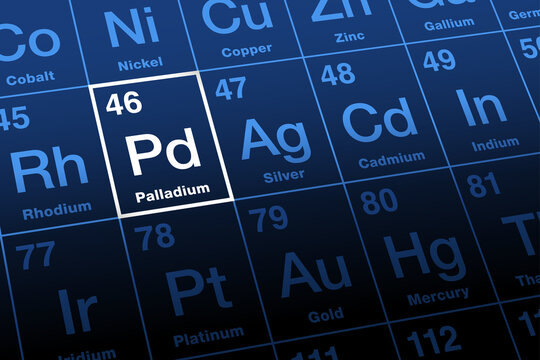 Palladium on periodic table of elements. Rare metal, named after the asteroid Pallas, with element symbol Pd and atomic number 46. It is a key component of fuel cells and used in catalytic converters.
