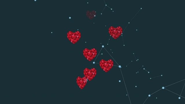 Animation of network of connections with hearts over dark background