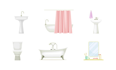 Set of modern bathroom objects. Bathtub, sink and toilet bowl accessories vector illustration