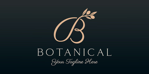 letter b combined twig Olive oil logo design template.