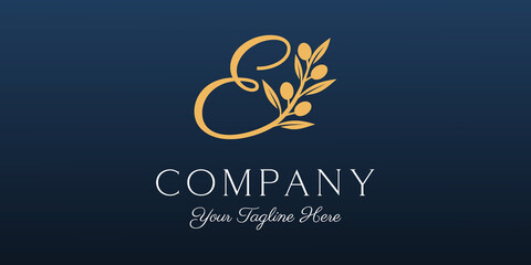 letter E combined twig Olive oil logo design template.