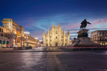Milan gothic Cathedral (Duomo) at wonderful blue hour, Italy.Horizontal photo with copy-space.