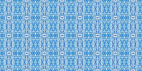 Blue white watercolor azulejo tile border background. Seamless coastal geometrical floral mosaic effect banner. Ornamental arabesque summer fashion repeat edge trim.
