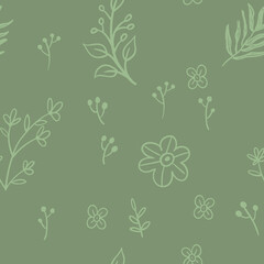 Fototapeta premium Leaves and flowers seamless pattern. Doodle nature elements background texture. Botanical design.
