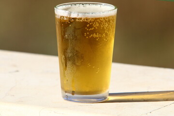 On the table in a mug fresh , light beer .