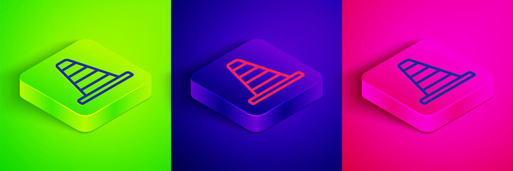 Isometric line Traffic cone icon isolated on green, blue and pink background. Square button. Vector