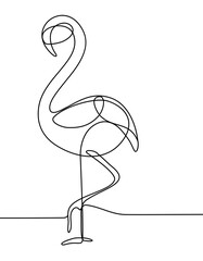 Vector illustration with big flamingo standing on one leg on white background. Line art. Black outline bird. Abstract contour element for trendy banner layout design. Wild nature. Animal profile icon.