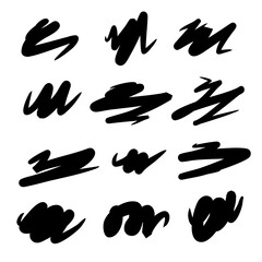 Black spots drawn by hand with a brush stroke. A collection of doodle lines, a hand-drawn template.Vector set isolated on a white background. Stroke lines with a black felt-tip pen and a grunge brush