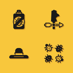 Set Spray against insects, Colorado beetle, Farmer worker hat and Rooster weather vane icon with long shadow. Vector