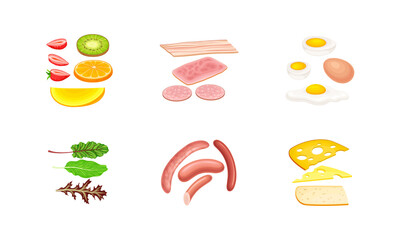 Breakfast constructor set. Ham, sandwich, toast bread, bacon, egg, sausage, cheese, fruit food vector illustration