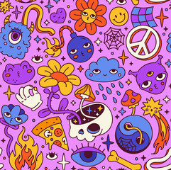 Fototapeta premium Trippy seamless pattern. Psychedelic retro template with mushrooms, bombs, hipster signs, acids and skulls. Hippie design for printing on clothes or paper. Cartoon modern flat vector illustration