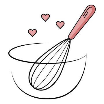 baking with wire whisk logo on white background isolated. Hand drawn isolated metal whisk. Kitchen tools. Vector engraved icon. For restaurant and cafe menu, baker shop, bread, pasty, sweets. 