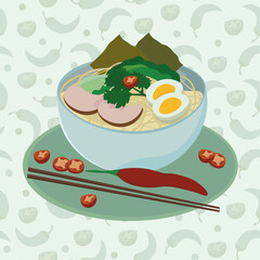 Ramen with red pepper in a flat design. Includes sliced red peppers, beef, eggs, nori, parsley, celery, chopsticks and light green background with peppers