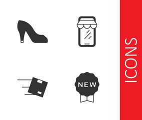 Set Price tag with New, Woman shoe, Location cardboard box and Online shopping phone icon. Vector