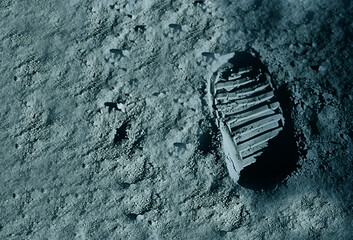 Buzz Aldrin's footprint on the moon. Astronaut's boot print on lunar moon landing mission. Moon...