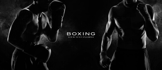 Two sportsmans boxers on black background. Copy Space. Sport concept. - obrazy, fototapety, plakaty