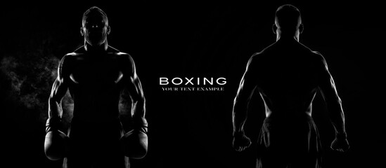Two sportsmans boxers on black background. Copy Space. Sport concept.