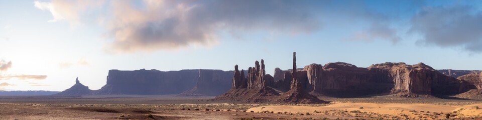 Desert Rocky Mountain American Landscape. Morning Dramatic Sunrise Sky Art Render. Oljato-Monument Valley, Utah, United States. Nature Background Panorama