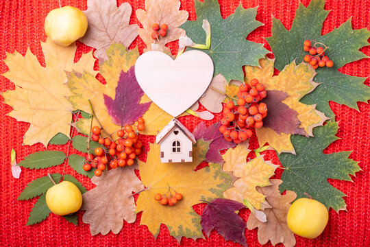 A wooden heart, a toy house as a symbol of family and apples on a bright multicolored background of autumn leaves. The colorful background image of fallen autumn leaves. The concept of home comfort